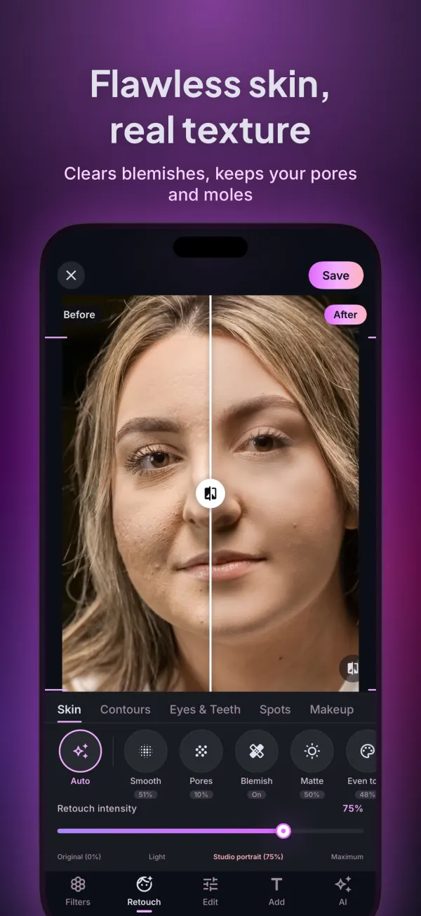 Retouch screen: flawless skin with real texture, before and after