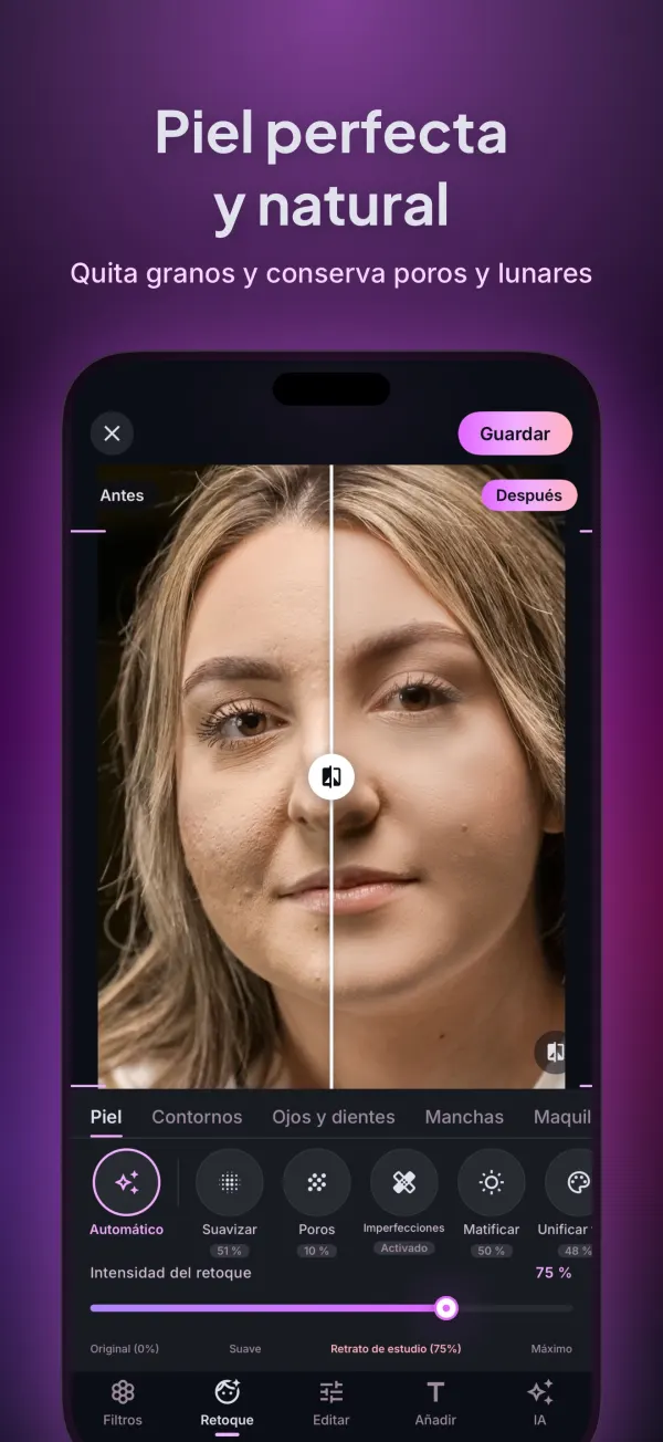 Pantalla Retoque: piel impecable con textura real, antes y después