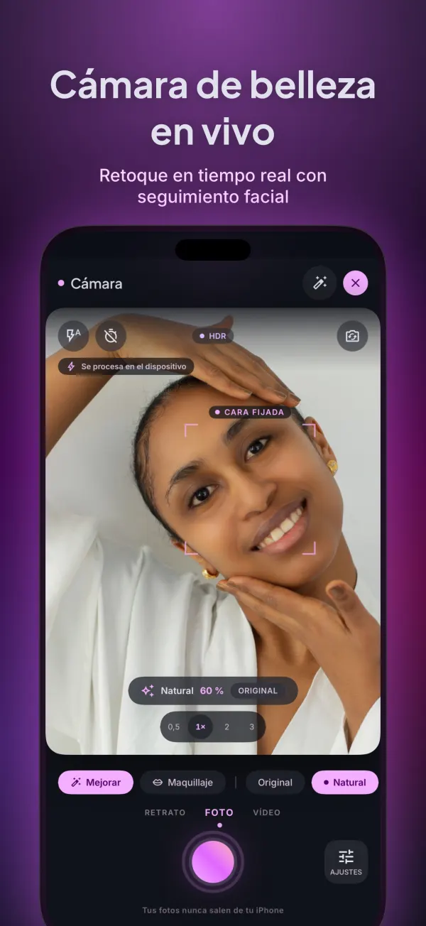 Cámara de belleza en vivo con seguimiento facial