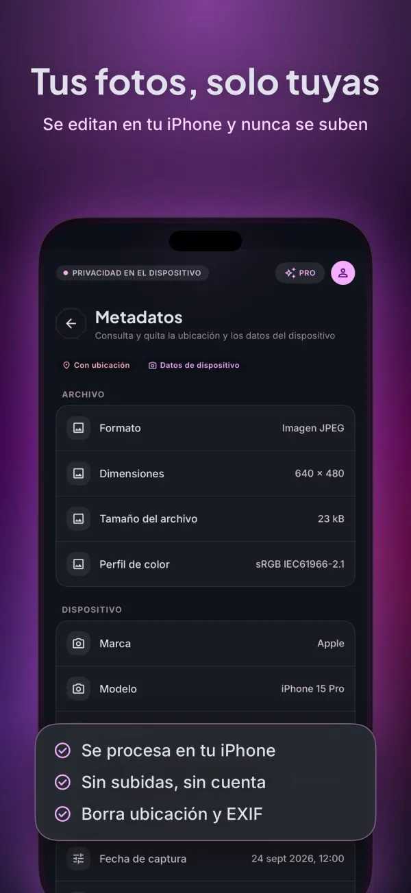 Pantalla de metadatos: procesado en tu iPhone, sin subidas, elimina la ubicación y los datos EXIF