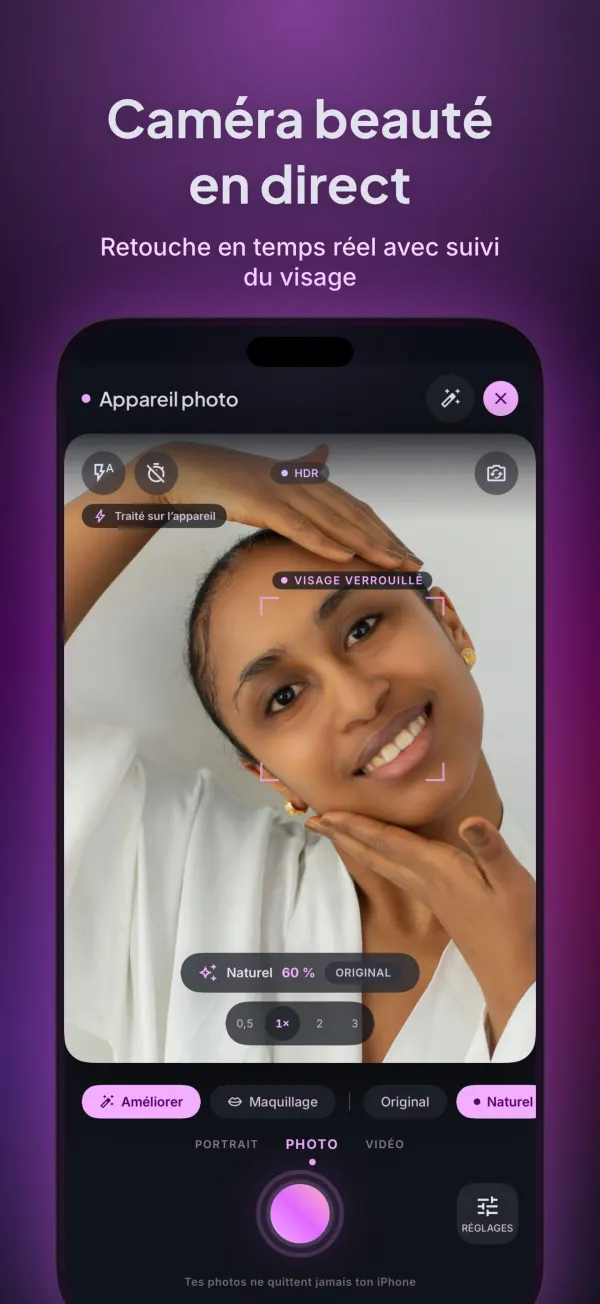 Caméra beauté en direct avec suivi du visage