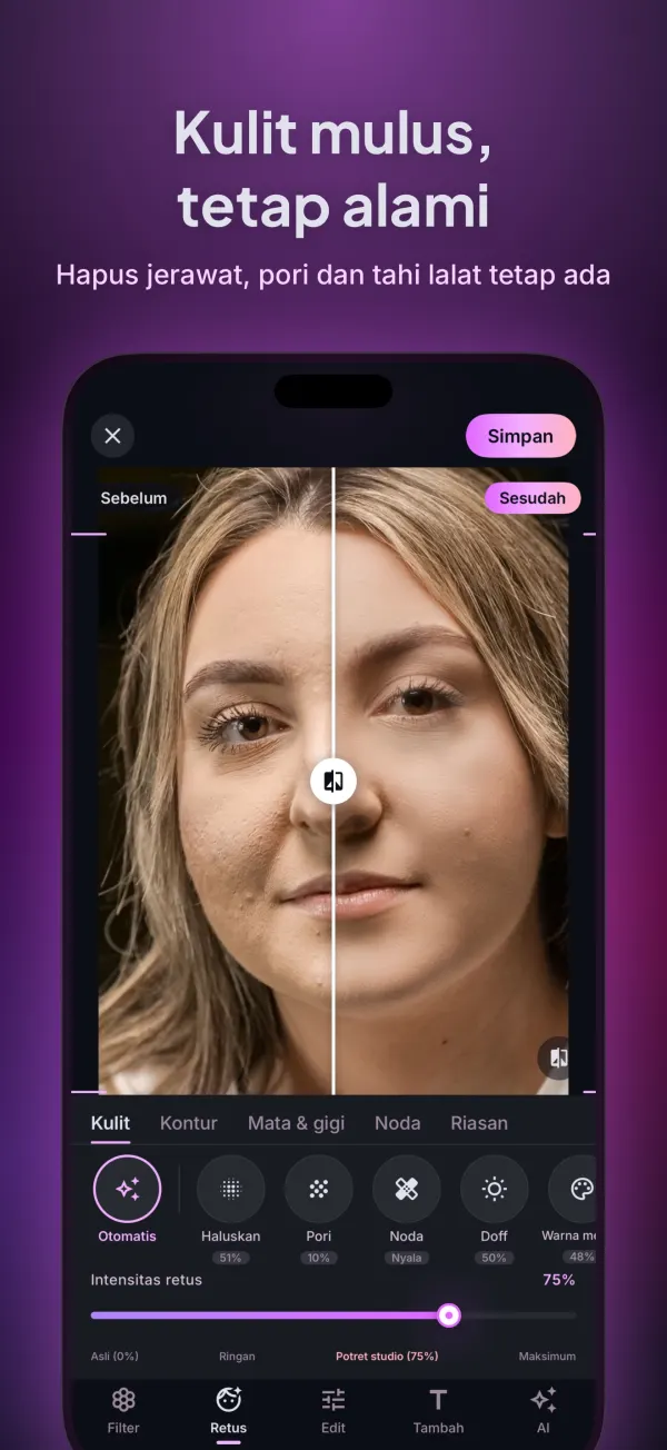 Layar Retus: kulit mulus dengan tekstur asli, sebelum dan sesudah