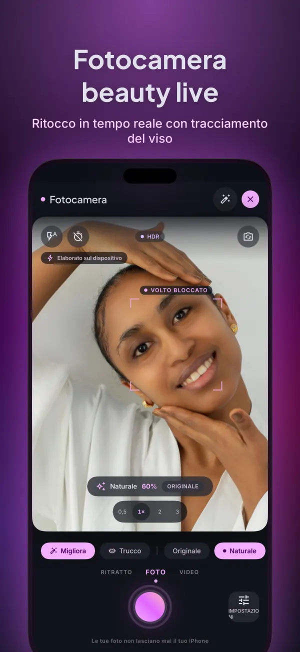 Fotocamera beauty dal vivo con tracciamento del viso