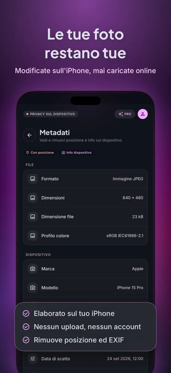 Schermata Metadati: elaborazione sul tuo iPhone, nessun caricamento, rimozione di posizione e dati EXIF